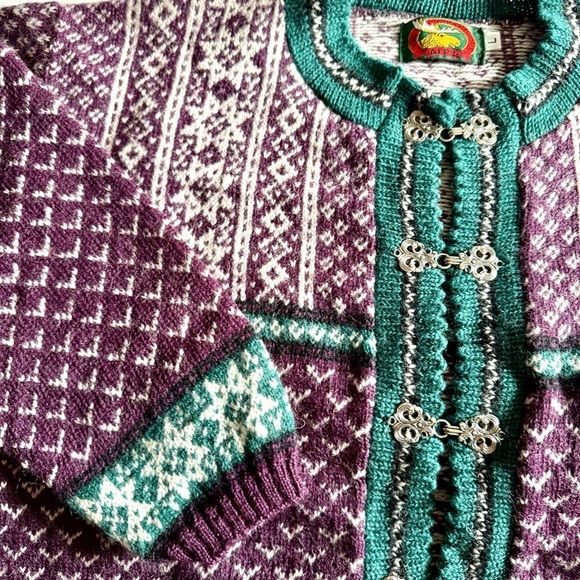 ALPS NORDIC SWEATER PURPLE TEAL GREEN WHITE SNOWFLAKES FANCY HOOKS SIZE LG - Picture 2 of 5